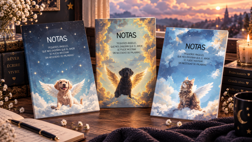 Cuadernos de notas de Kate Galtor con ilustraciones de perros y gatos con alas